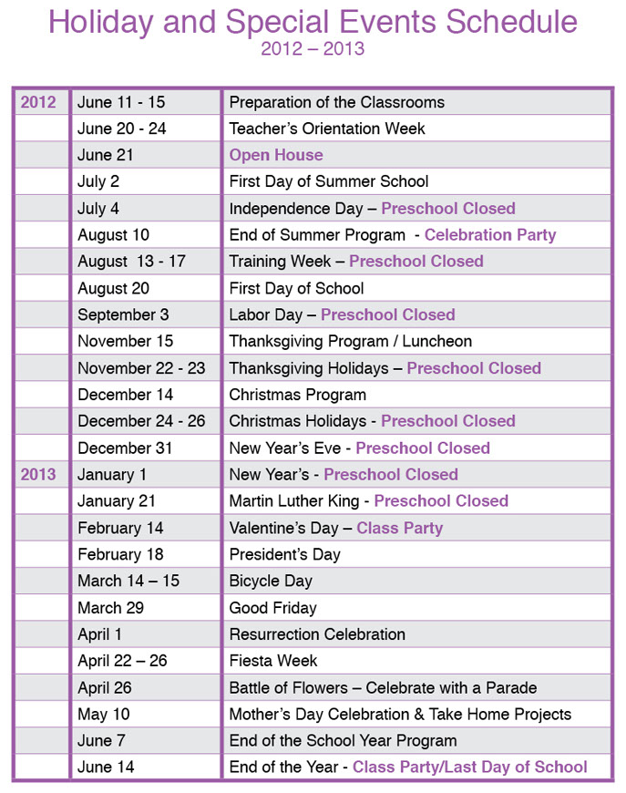 Events Schedule for Vineyard Christian School San Antonio